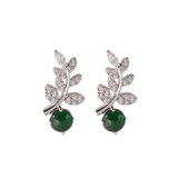 Jade Stud Earrings, 925 Sterling Silver Vine Leaf Drop Earrings with Green Jade and Cubic Zirconia, Nature-Inspired Dangle Earrings for Women, Elegant Birthstone Gift