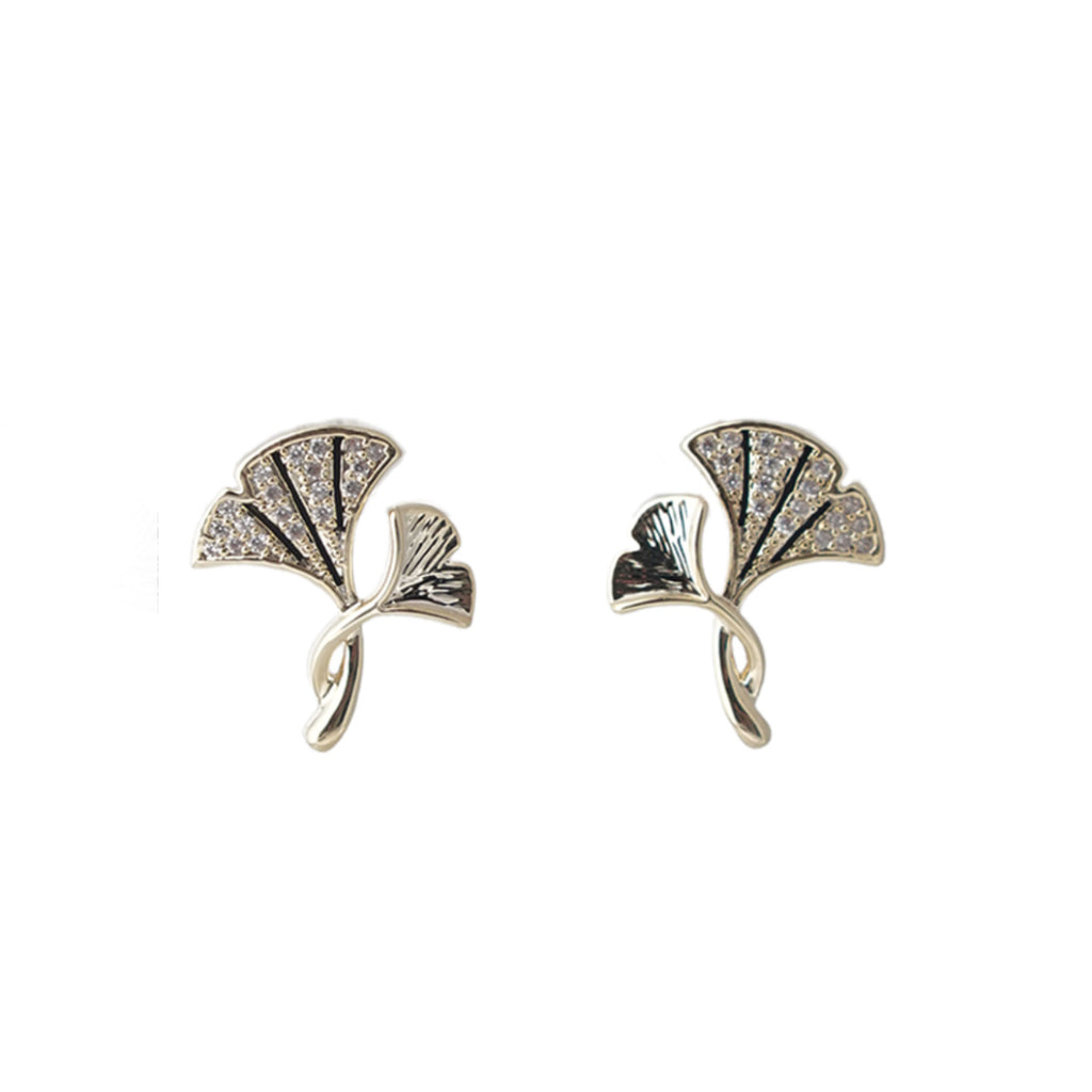【Stud Earrings】Silver Ginkgo Leaf Stud Earring - Micro-Set Crystal Frost Accent - Nature-Realistic Minimalist for Daily Elegance