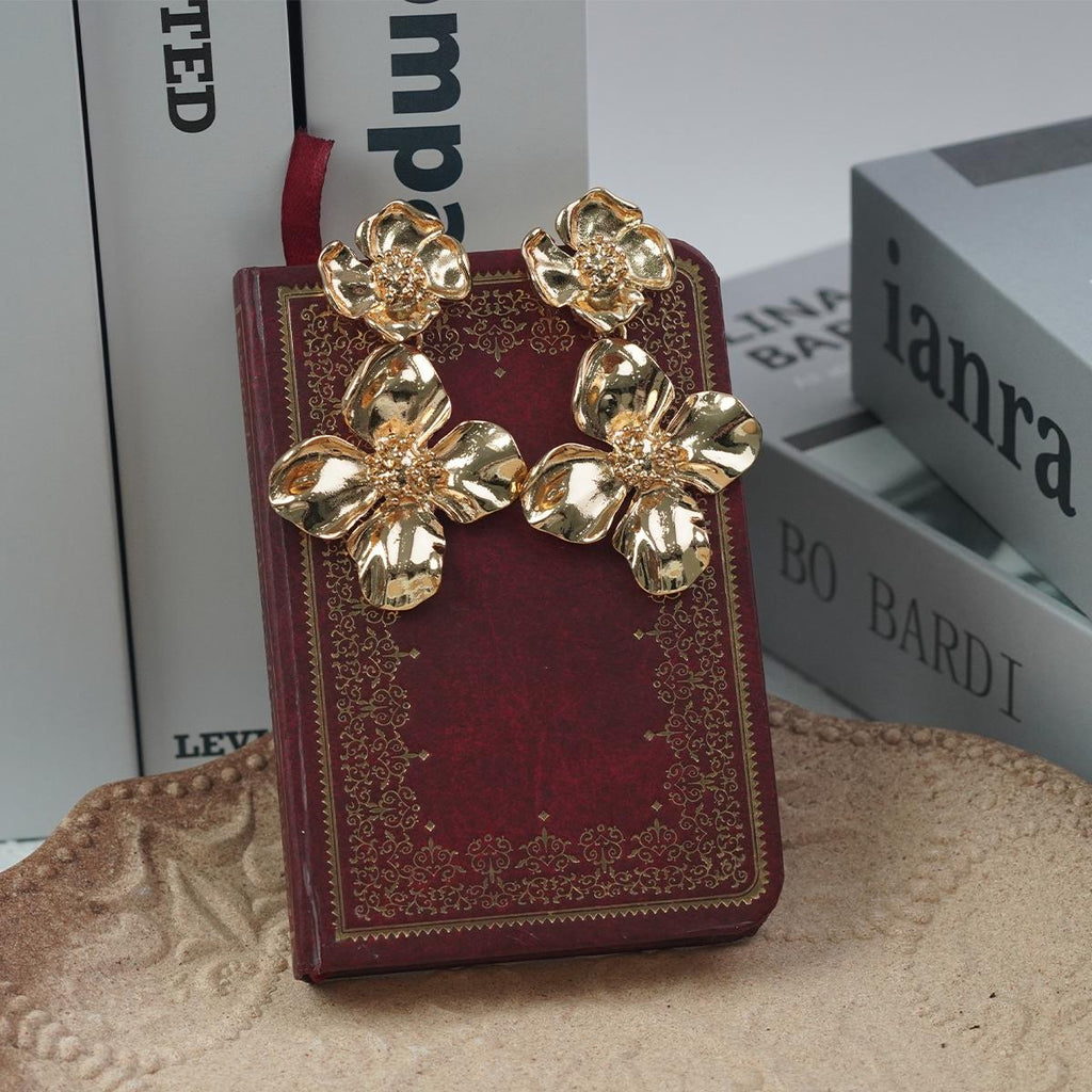 【Drop Earrings】Gold Plated Metel Double Flower Earrings, Retro-Elegant & Minimalist for Fashion Ladies
