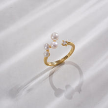 Load image into Gallery viewer, Adjustable Pearl &amp; Crystal Ring, Antique Gold Copper Jewelry, Minimalist Boho Chic Statement Piece for Women