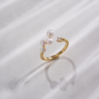 Adjustable Pearl & Crystal Ring, Antique Gold Copper Jewelry, Minimalist Boho Chic Statement Piece for Women
