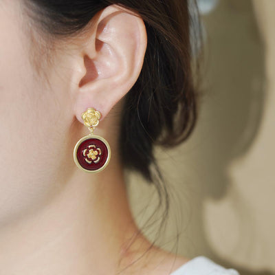 【Drop Earrings】Golden Flower & Wine-Red Enamel Round with Vintage Floral Design