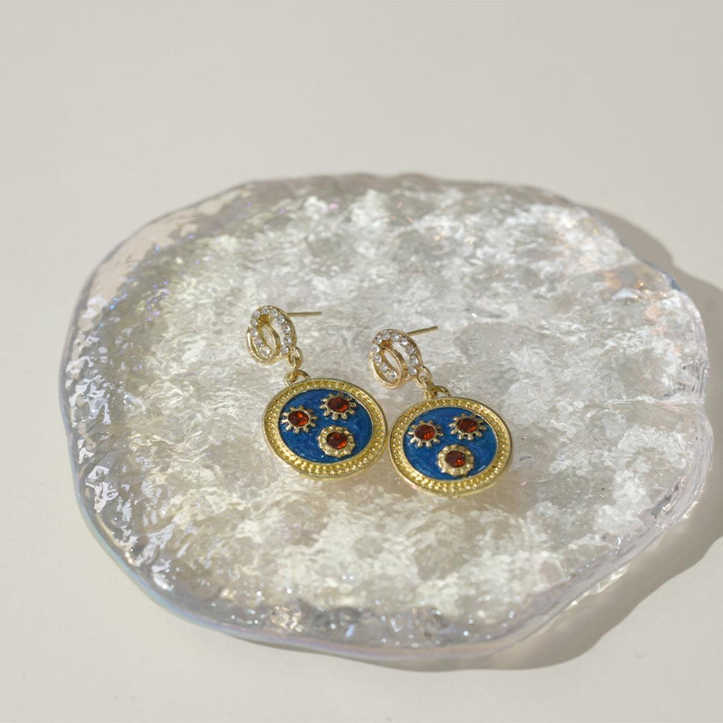 Anting-anting Menjuntai, Gaya Vintaj, Aloi Emas, Enamel Biru, Reka Bentuk Loket Batu Permata Merah, Untuk Pencinta Fesyen