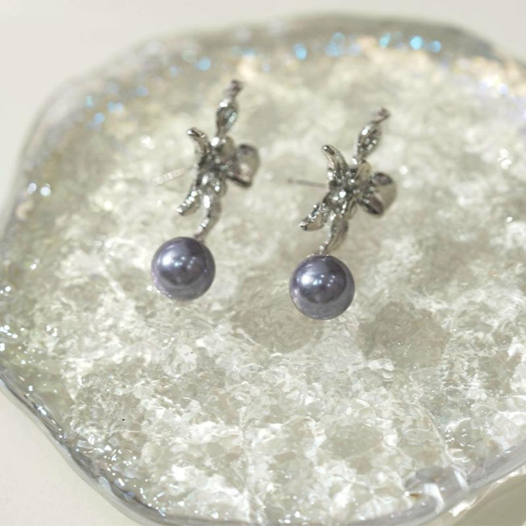 【Stud Earrings】Silver Alloy Textured Flower ,Purple Bead Drops, Elegant Dainty Earrings for Women