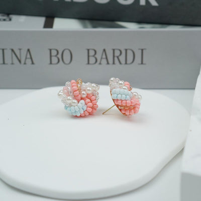【Stud Earrings】Handmade Pink & Light Blue Resin Beads Earrings, Sweet Floral Cluster, Cute Gift for Girls