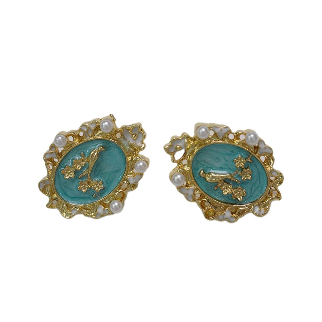 Anting-anting Stud, Bahan Aloi, Anting-anting Bunga Burung Biru-Emas, dengan Mutiara dan Tepi Berongga, Barang Kemas Retro Elegan, Untuk Wanita