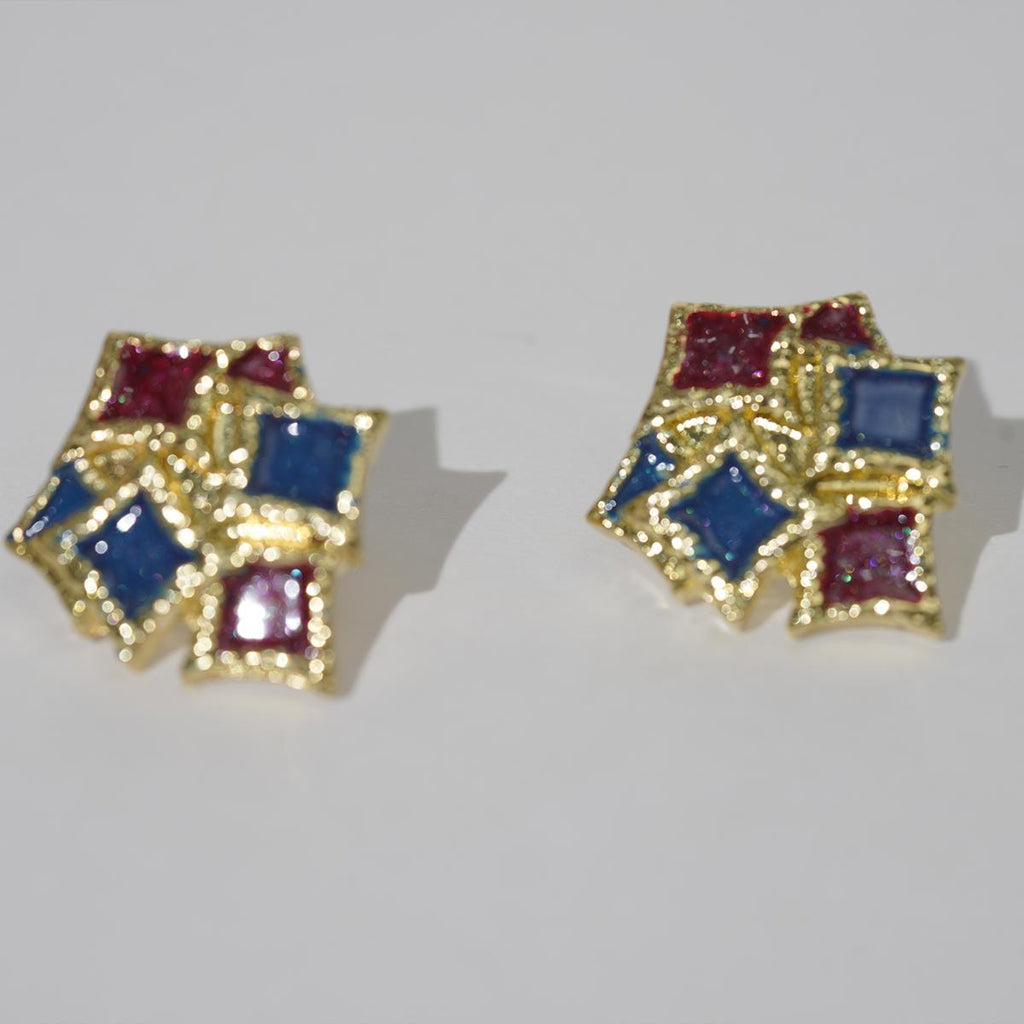 Anting-anting Stud Geometrik, Enamel Kilauan Biru-Merah Tepi Emas, Berbentuk Ketupat Bertindan, Sesuai untuk Pakaian Harian, Gaya Anak Ayam
