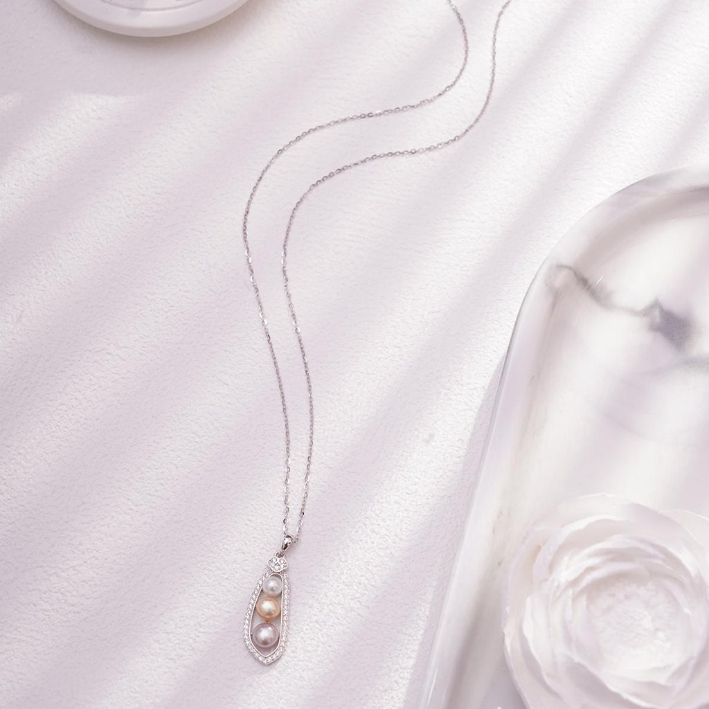 【Pendant Necklace】Silver-Made Pea Pod Shape Natural Freshwater Pearl Pendant Necklace, Delicate Jewelry for Women, Natural Love