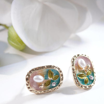 【Stud Earrings】Frame Gradient Pink Blue Earrings with Pearl Zircon Natural Floral Design Romantic for Ladies
