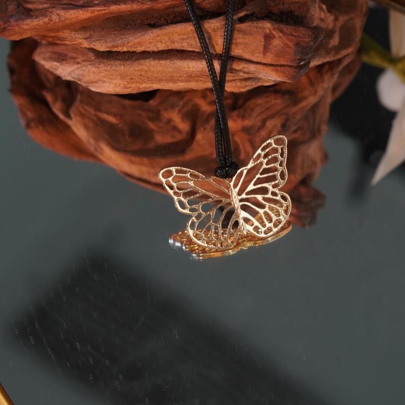 【Pendant Necklace】 Gold-Tone Butterfly Hollow-Out Pendant with Black Cord Necklace for Women - Elegant Lightweight Design, Everyday Versatile Jewelry