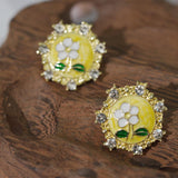【Stud Earrings】Yellow Vintage Earrings with White & Green Accents,Delicate Design