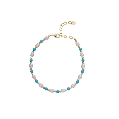 【Bracelet】Turquoise Stones Natural Pearls Bracelet, Copper Chain Lightweight Design Elegant Bracelet for Ladies