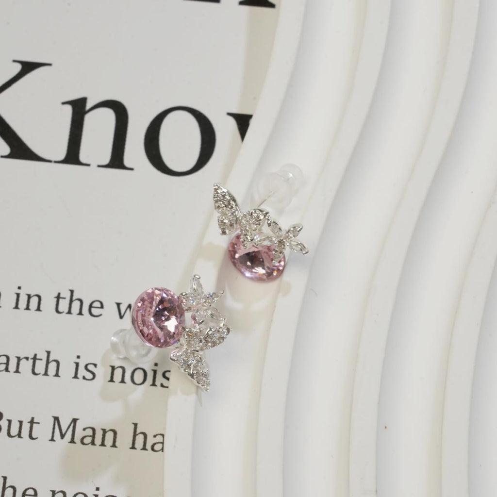 Subang Stud, Kristal Merah Jambu / Ungu, Rekaan Rama-rama dan Bunga Perak, Manis dan Halus, Untuk Wanita Elegan cute  earrings