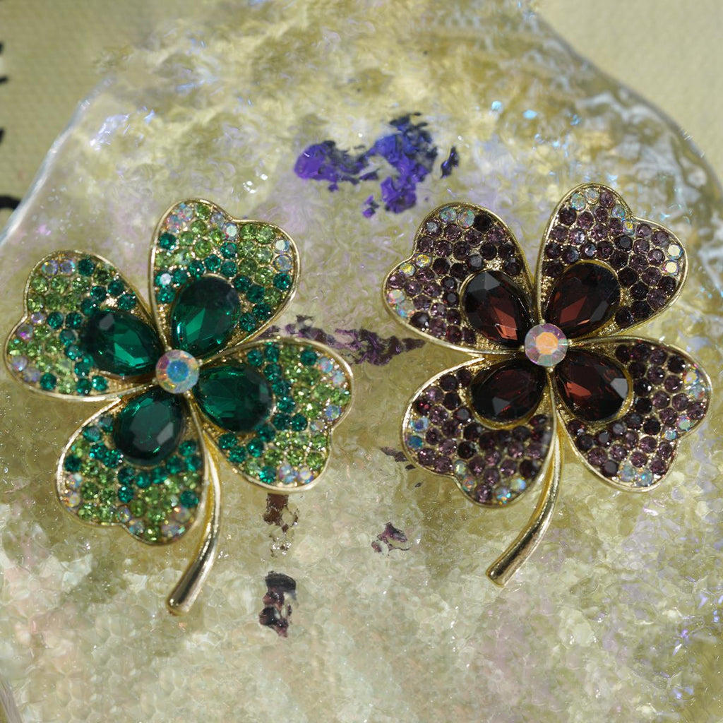 Kerongsang Semanggi Bertuah, Bingkai Aloi Emas, Warna Hijau / Ungu, Pesona Bersinar, Sesuai untuk Gaya Segar pin  brooch
