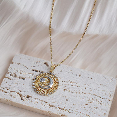 【Pendant Necklace】Sun Moon Pendant Necklace Stainless Steel Chain Copper Charm Bohemian Elegant Daily Wear for Women Girls