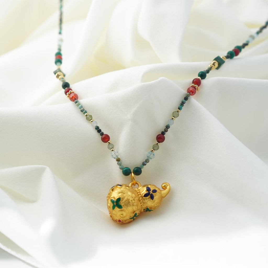 【Pendant Necklace】Oriental Charm Beaded Necklace, Copper & Gemstone Jewelry, Painted Gourd Pendant, Boho Ethnic Gift for Women