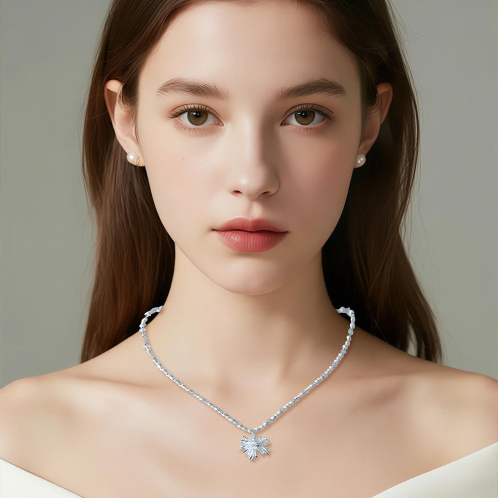 【Pendant Necklace】Silver Alloy&Light Blue Crystal Beaded Necklace with Coral Charm, Daily Wear & Gift for Her