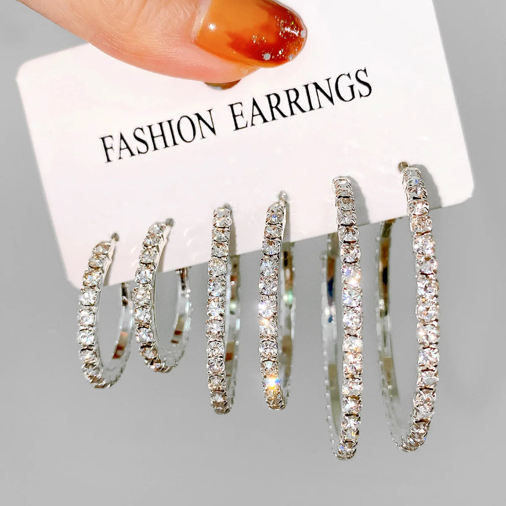3-Pair Simple Water Drills Exaggerated Large, Medium, And Small Earrings