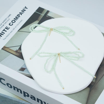 【Earrings】Light Green Bead Bow & S925 Dangle Earrings Minimalist Drop Design for Women