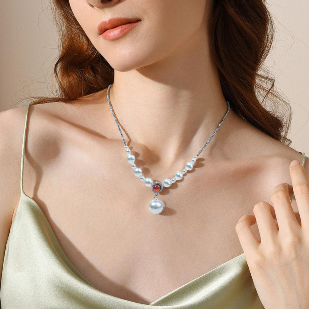 【Pendant Necklace】 Silver-Tone Copper Chain with Red Zircon & Graduated Pearls - Layered Pendant Necklace for Women, Minimalist Elegant Jewelry