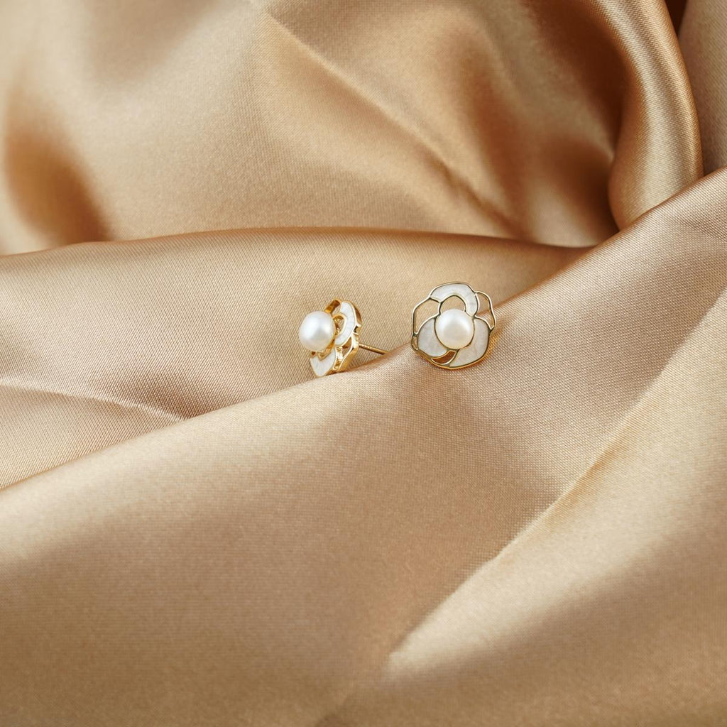 【Stud Earring】Golden Floral Elegant Natural Pearl Stud Earring with Silver Post, Perfect Gift for Lover