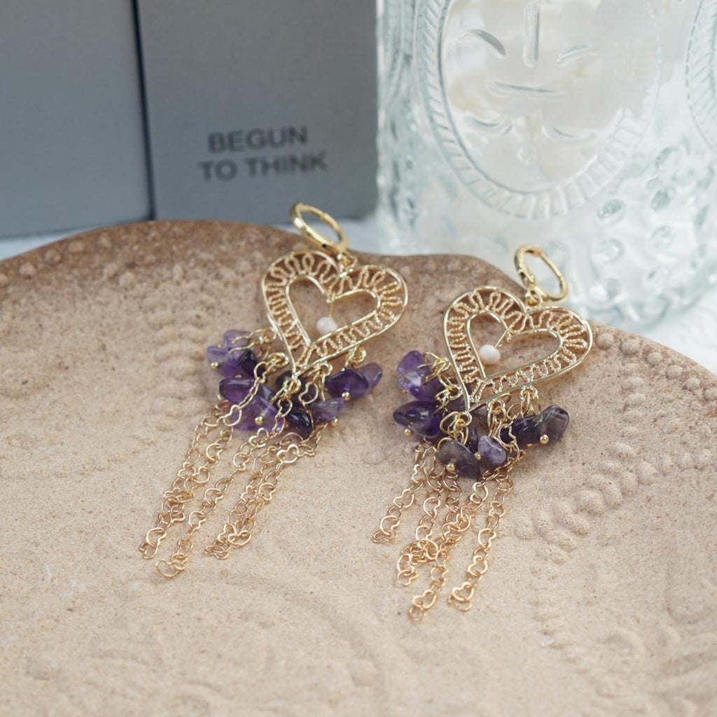 【Earrings】18K Gold Plated Heart Tassel Earrings with Natural Amethyst & Pearl, Romantic Design for Women