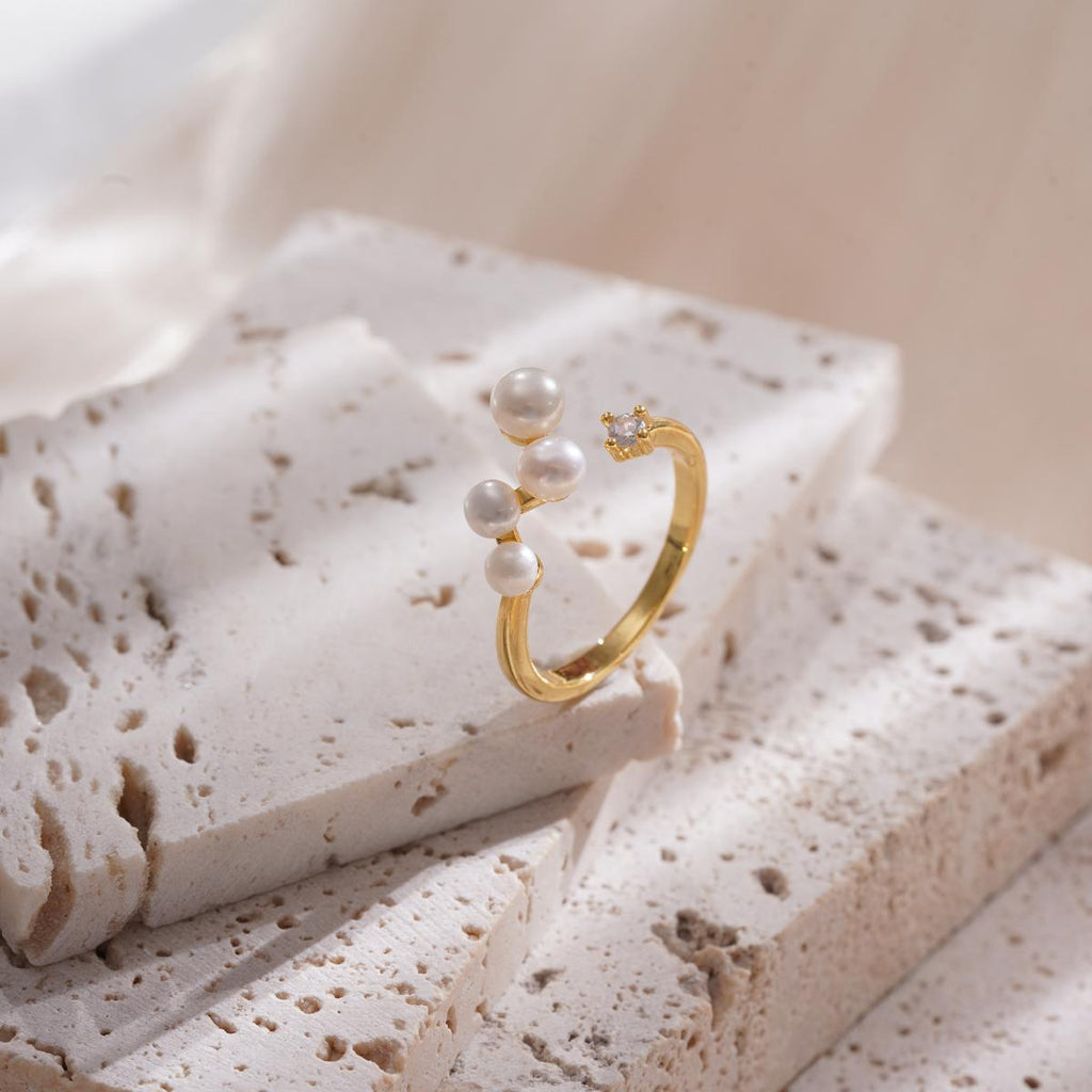 Adjustable Pearl & Crystal Ring, Antique Gold Copper Jewelry, Minimalist Boho Chic Statement Piece for Women