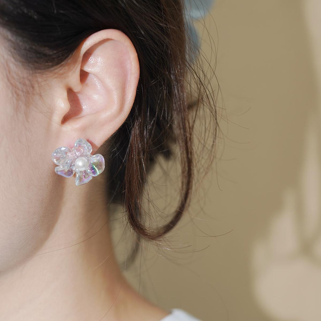 Anting-anting Stud, Rekaan Kelopak Berwarna-warni, Mutiara Tiruan, Gaya Manis dan Romantik, Sesuai untuk Kanak-kanak Perempuan