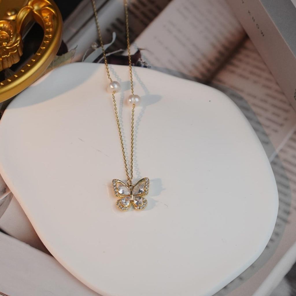 【Pendant Necklace】Delicate Butterfly Pearl Pandent Necklace, Elegant Zircon, Birthday Gift, Date Night Accessory for Women