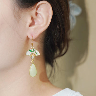 【Drop Earrings】White Enamel Fan - Shaped Bamboo Drop Earrings,Ethnic Gifts for Besties
