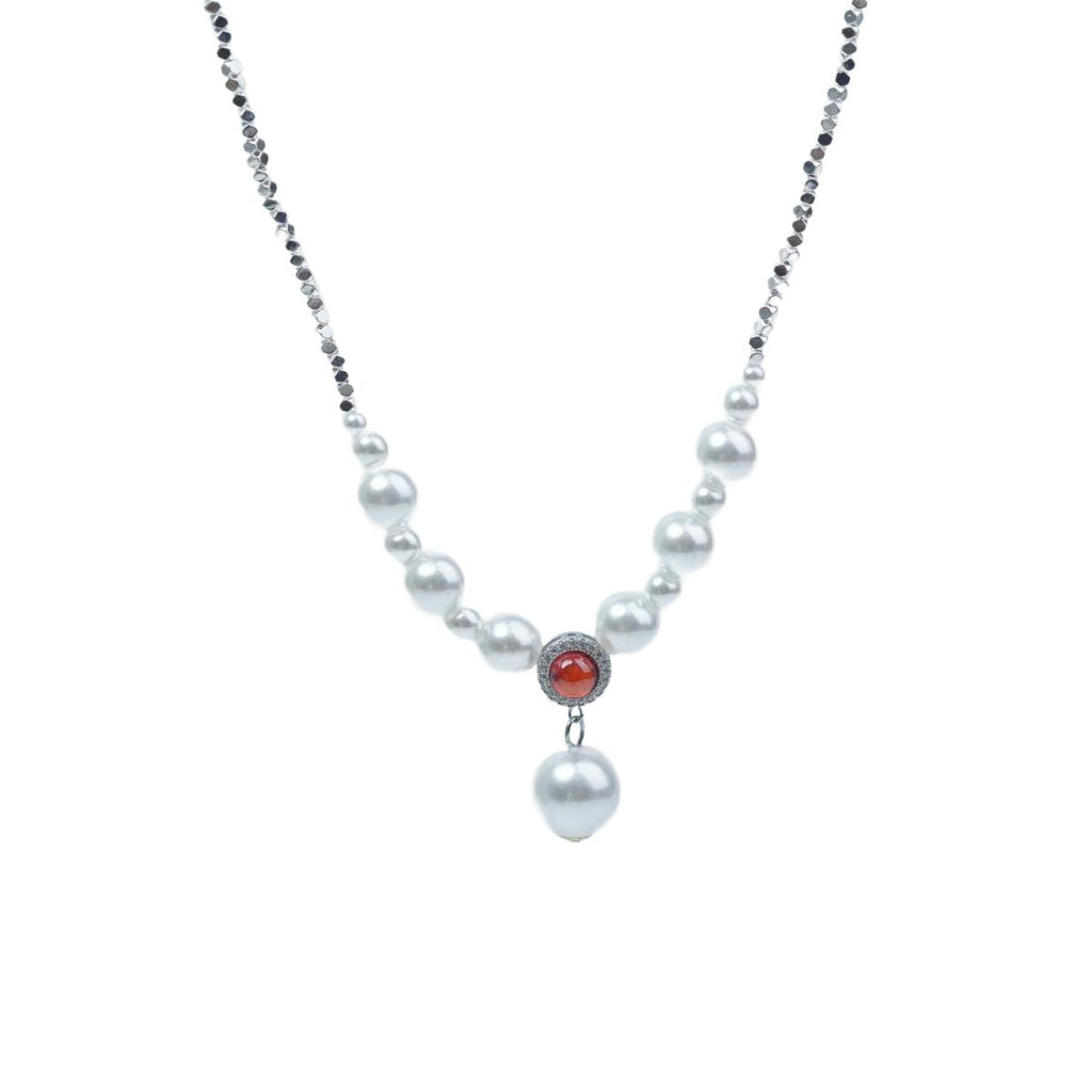 【Pendant Necklace】Gradient Pearl Necklace Set, Red & Blue Gemstone Jewelry, Elegant Silver Chain with Zircon Accents, Luxury Gift for her
