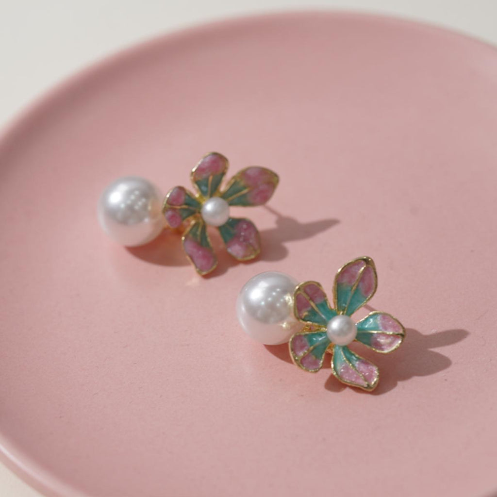 Anting-anting Jatuh Bunga, Merah Jambu-Merah Jambu-Mutiara, Anting-anting Jatuh Bunga Tepi Emas, Gaya Vintaj-Segar, Untuk Gadis