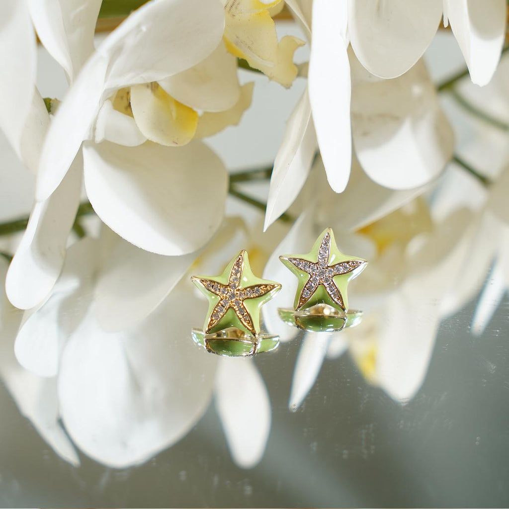 Star Stud Earrings Gold-Tone Copper Green Enamel Zircon Accent Boho Beach Holiday Jewelry Gifts for Women