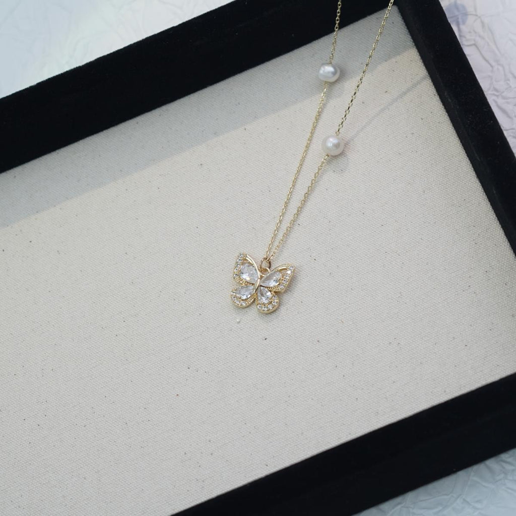 【Pendant Necklace】Delicate Butterfly Pearl Pandent Necklace, Elegant Zircon, Birthday Gift, Date Night Accessory for Women