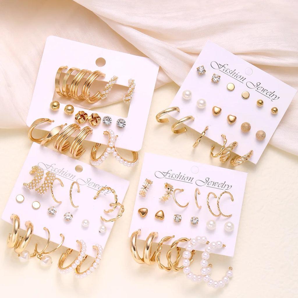 36 Piece Set of Popular Fashion Temperament Personality Imitation Pearl Fried Dough Twists  Luxury High-End Female Earrings
