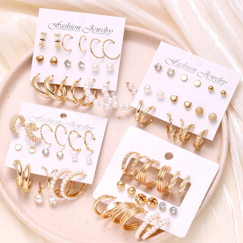 36 Piece Set of Popular Fashion Temperament Personality Imitation Pearl Fried Dough Twists  Luxury High-End Female Earrings