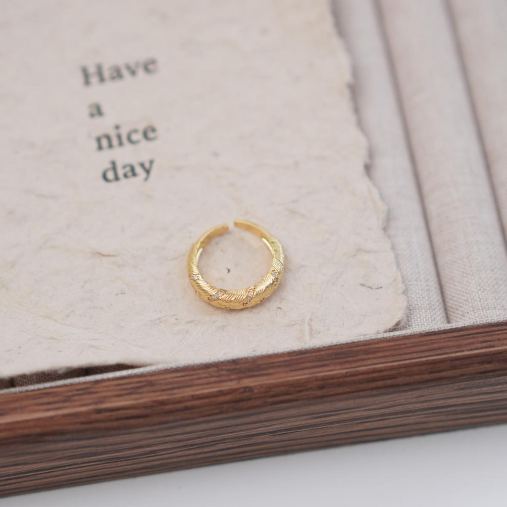 【Open Ring】Silver/Gold-Plated Copper Rings, Braided Texture with Zircons, Trendy Retro Jewelry for Women