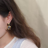 Anting-anting Menjuntai, Gaya Vintaj, Aloi Emas, Enamel Biru, Reka Bentuk Loket Batu Permata Merah, Untuk Pencinta Fesyen