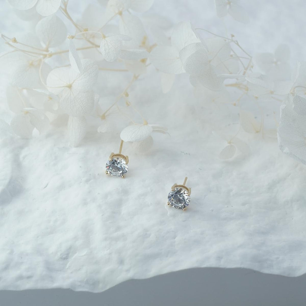 【Stud Earrings】Copper Gold Zirconia Four Prong Setting Classic Minimalist Stud Earrings Timeless Elegance for Women