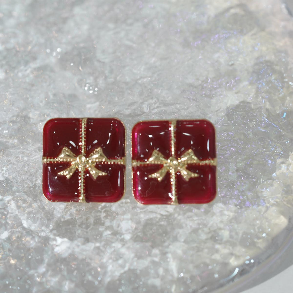 Subang Stud, Enamel Merah, Barang Kemas Bergaya, untuk Kanak-kanak Perempuan, Didatangkan dengan Ikatan bentuk rama-rama Emas, Termasuk Kotak