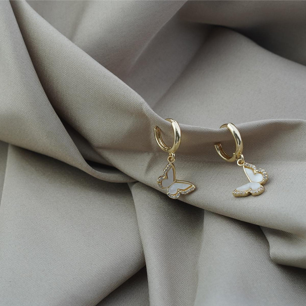 【Hoop Earrings】Alloy Gold Plated Butterfly Earrings with Shell & Zircon, Romantic Chic for Women