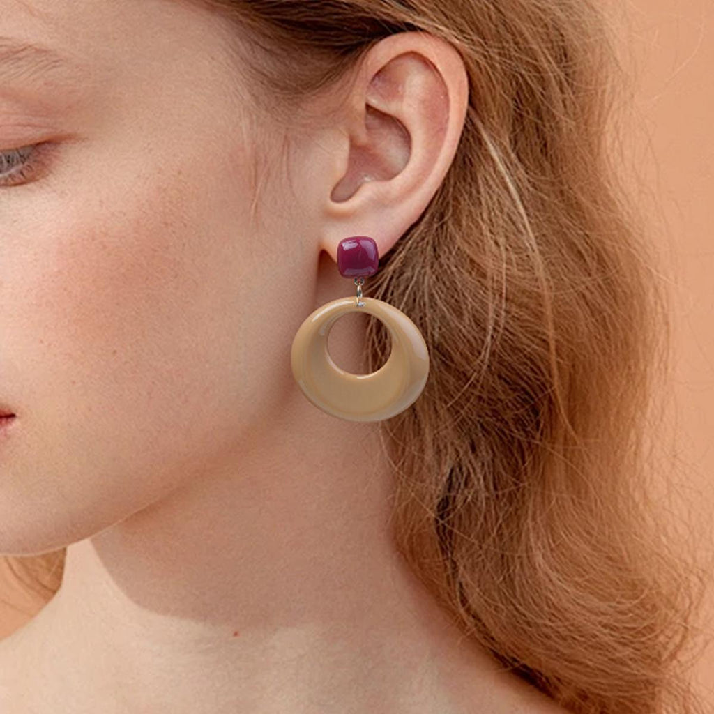 【Earrings】Women Burgundy & Tan Resin Geometric Earrings Gold Accent Lightweight Modern Daily Accent