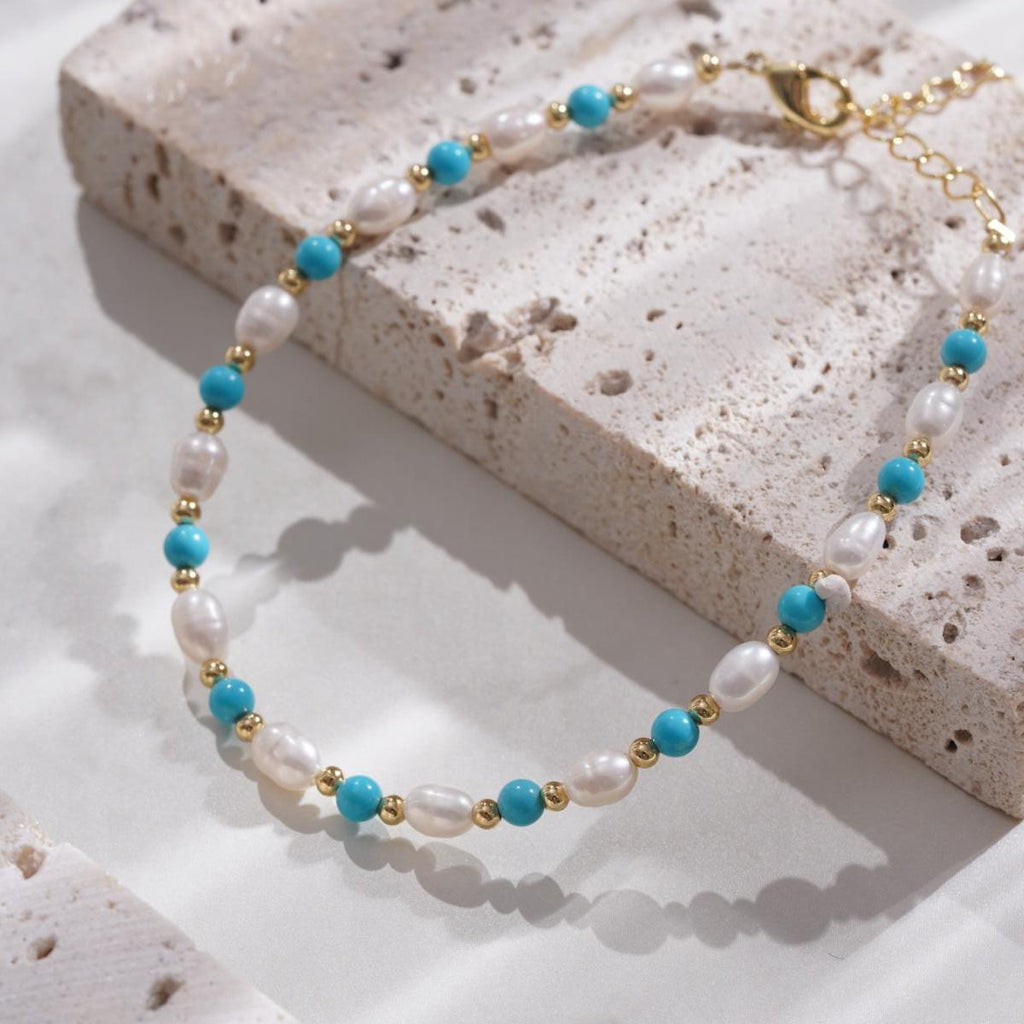 【Bracelet】Turquoise Stones Natural Pearls Bracelet, Copper Chain Lightweight Design Elegant Bracelet for Ladies