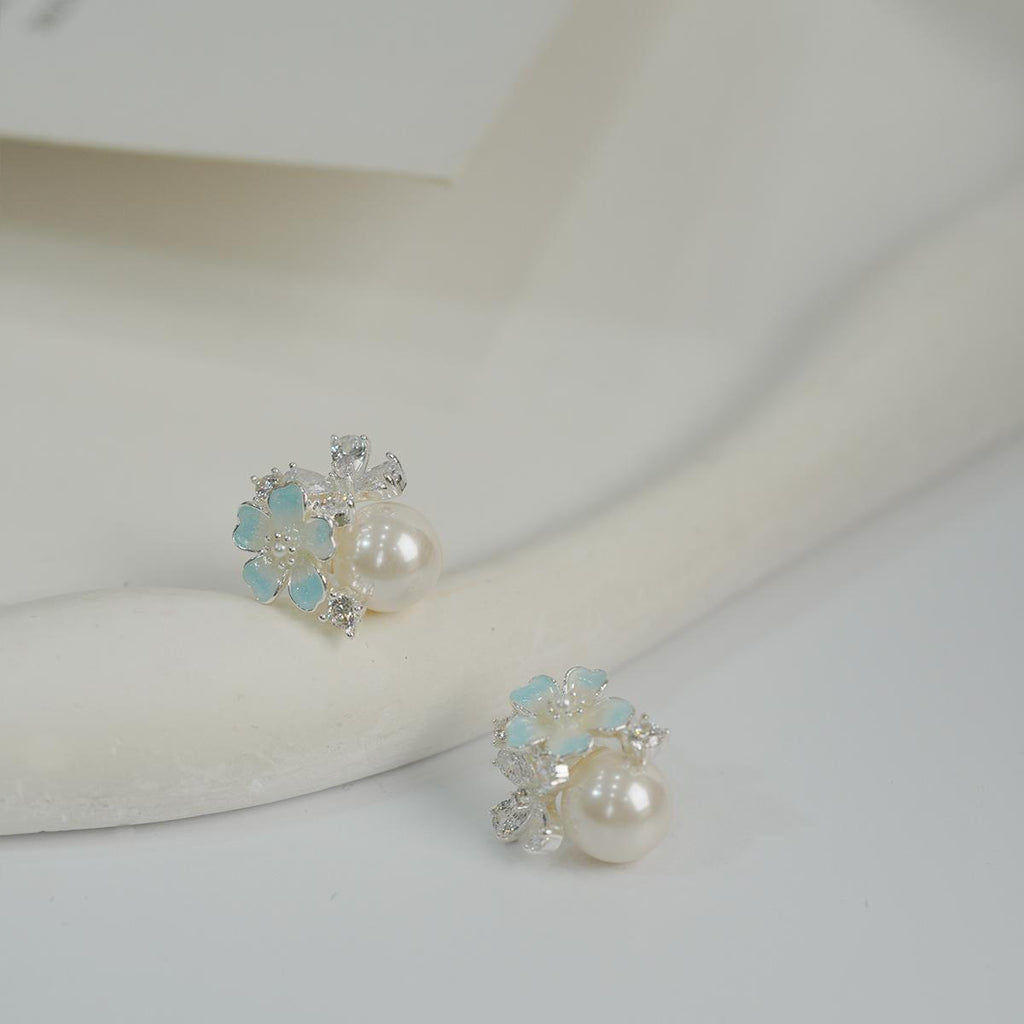 Subang Stud, Perak, Bunga Biru Muda Bernada dan Mutiara, Dihiasi Zirkon, Segar dan Manis, Untuk Wanita Fesyen cute  earrings