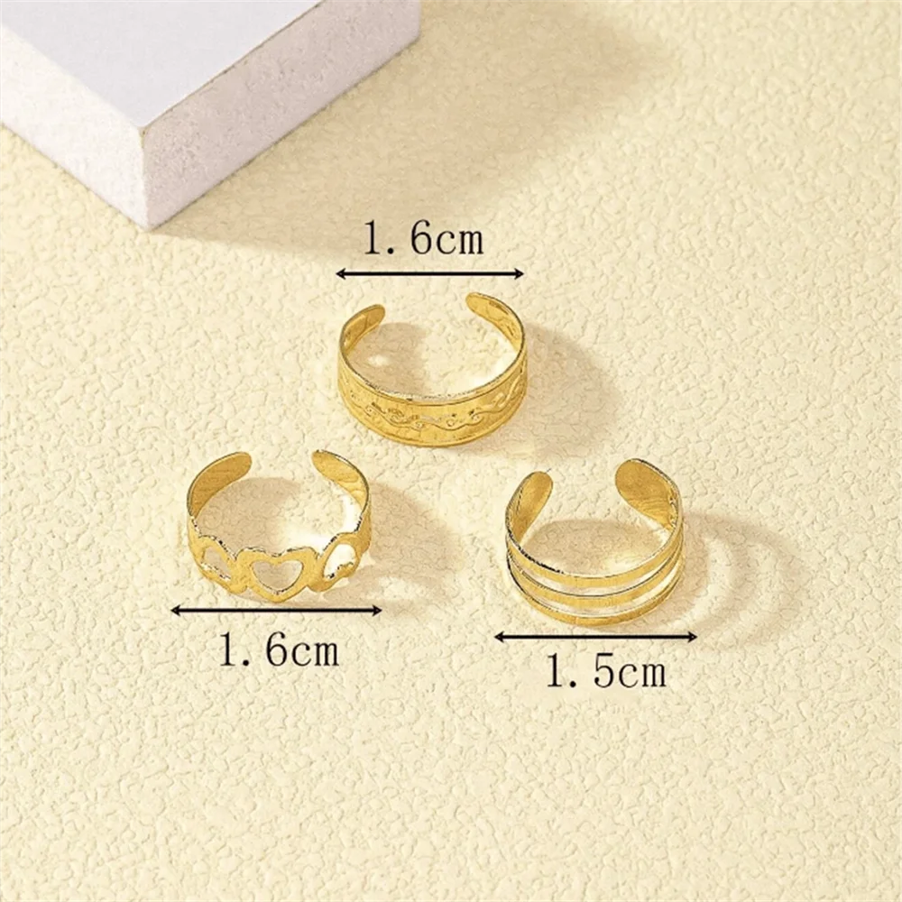 3PCS Fashion Ins Open Toe Rings for Women Adjustable Simple Minimal Hollow Heart Summer Beach Smooth Feet Ring Jewelry on Foot