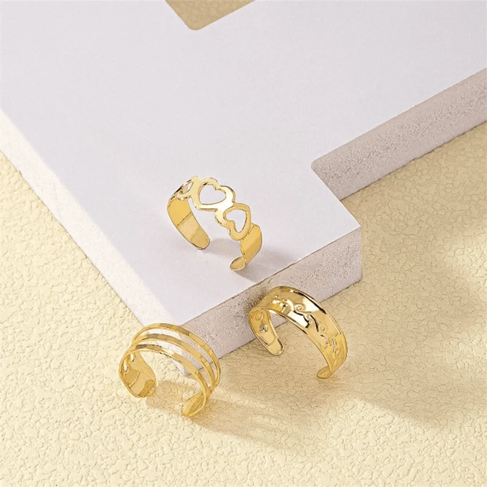 3PCS Fashion Ins Open Toe Rings for Women Adjustable Simple Minimal Hollow Heart Summer Beach Smooth Feet Ring Jewelry on Foot