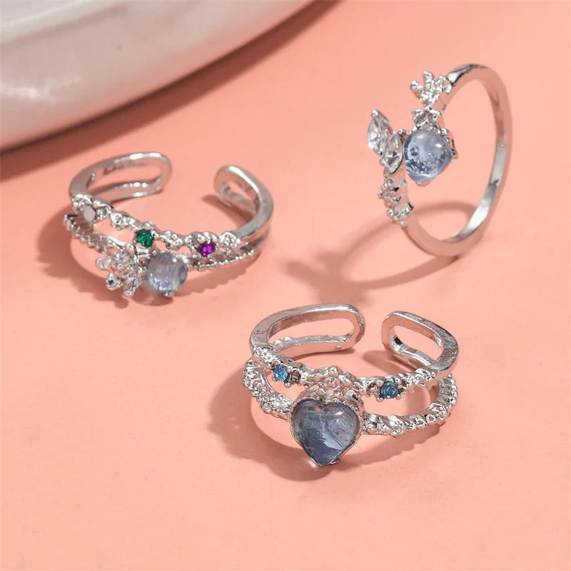 3Pcs/Set Love Heart Zircon Open Rings For Women Girls Y2k Gothic Geometric Metal Finger Rings Bow Rose Ring Jewelry Accessories