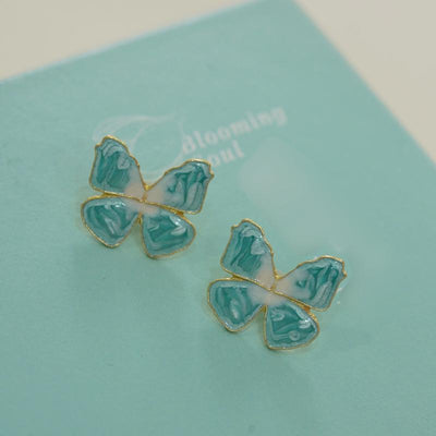 【Stud Earrings】Gold-Trimmed Enamel Blue-White Gradient Butterfly Studs, Ink-Wash Texture Dainty Earrings for Women
