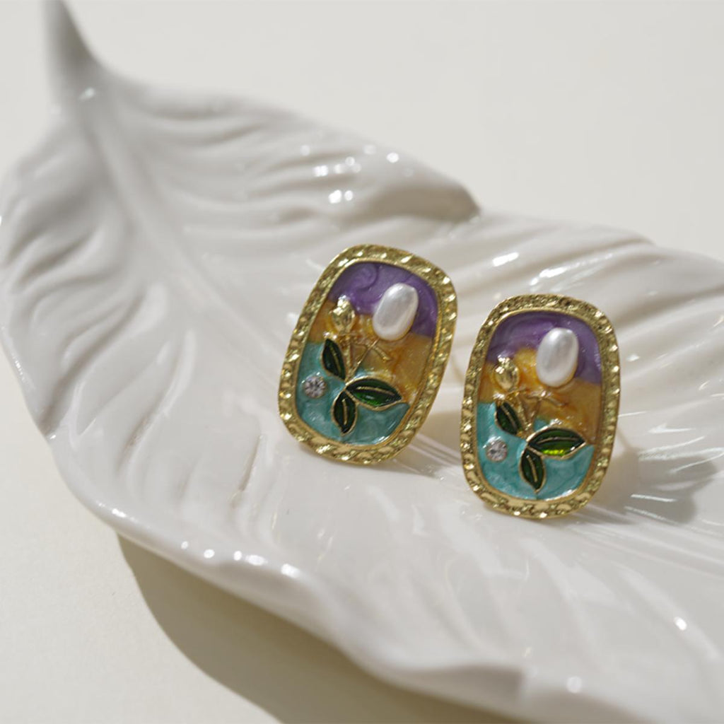 Anting-anting Stud, Gaya Vintaj, Aloi Lukisan Minyak, Bentuk Bujur, Warna Ungu, Emas dan Biru, Sesuai untuk Wanita