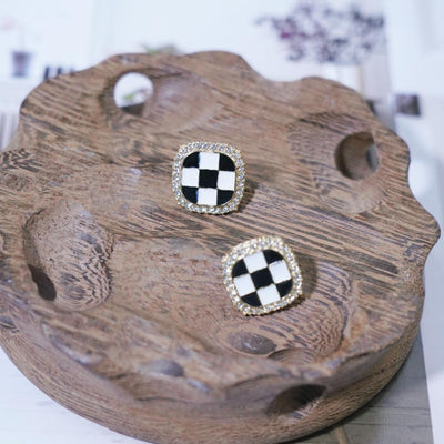 【Stud Earrings】 Checkerboard Square Earrings Crystal Halo Modern Minimalist Chic